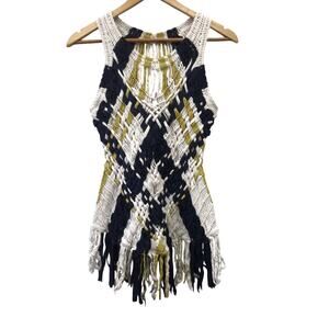 Fiets Voor Top Womens XS Woven Knit White Yellow Blue Fringed